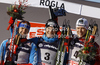 Winner Dario Cologna of Switzerland (M), second placed Nikolay Morilov of Russia (L) and third placed Anders Gloeersen of Norway (R) celebrate their medals won in men sprint free style race of FIS cross country skiing World cup race in Rogla, Slovenia. Men sprint race of FIS cross country skiing World cup was held on Rogla, Slovenia, on Sunday, 18th of December 2011.
