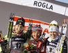 Winner Maiken Caspersen Falla of Norway (M), second placed  <br> Chandra Crawford of Canada (L) and third placed Ida Ingemarsdotter of Sweden (R) celebrate their medals won in women sprint free style race of FIS cross country skiing World cup race in Rogla, Slovenia. Women sprint race of FIS cross country skiing World cup was held on Rogla, Slovenia, on Sunday, 18th of December 2011.
