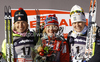 Winner Maiken Caspersen Falla of Norway (M), second placed  <br> Chandra Crawford of Canada (L) and third placed Ida Ingemarsdotter of Sweden (R) celebrate their medals won in women sprint free style race of FIS cross country skiing World cup race in Rogla, Slovenia. Women sprint race of FIS cross country skiing World cup was held on Rogla, Slovenia, on Sunday, 18th of December 2011.
