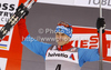 Winner Alexey Petukhov of Russia celebrates his medal won in men sprint free style race of Tour de Ski race of FIS cross country skiing World cup race in Toblach-Dobbiaco, Italy. Men sprint race, stage 6 of Tour de Ski and FIS cross country skiing World cup was held on Toblach-Dobbiaco, Italy, on Wednesday, 4th of January 2012.
