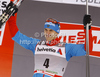 Winner Alexey Petukhov of Russia celebrates his medal won in men sprint free style race of Tour de Ski race of FIS cross country skiing World cup race in Toblach-Dobbiaco, Italy. Men sprint race, stage 6 of Tour de Ski and FIS cross country skiing World cup was held on Toblach-Dobbiaco, Italy, on Wednesday, 4th of January 2012.
