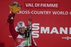 Jacobsen Astrid (NOR) celebrate on Podium after the Ladies 5 km Cross Country of the Tour de Ski 2014 of FIS Cross Country World Cup at the Cross Country Stadium, Lago di Tesero, Italy on 2014/01/04.
