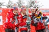 Johaug Therese (NOR) with Jacobsen Astrid (NOR) & Weng Heidi (NOR)during the Ladies 9 km Pursuit Cross Country of the FIS Tour de Ski 2014 at the Cross Country Stadium, Lago di Tesero, Italy on 2014/01/05.

