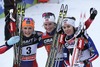 Johaug Therese (NOR) with Marit Bjoergen and WENG Heidi during the Women Mountain Pursuit Cross Country Race Podium of the FIS Tour de Ski 2014 at the Alpe Cermis in Val di Fiemme, Italy on 2015/01/11.
