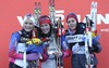 Johaug Therese (NOR) with Marit Bjoergen and WENG Heidi during the Women Mountain Pursuit Cross Country Race Podium of the FIS Tour de Ski 2014 at the Alpe Cermis in Val di Fiemme, Italy on 2015/01/11.
