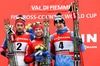 SUNDBY, NORTHUG, BELOV during the Mens Mountain Pursuit Cross Country Race Podium of the FIS Tour de Ski 2014 at the Alpe Cermis in Val di Fiemme, Italy on 2015/01/11.
