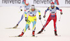 Vesna Fabjan of Slovenia (L) and Heidi Weng of Norway (R) skiing during finals of the women sprint race of Viessmann FIS Cross country skiing World cup in Planica, Slovenia. Women sprint race of Viessmann FIS Cross country skiing World cup was held on Saturday, 16th of January 2016 in Planica, Slovenia.
