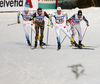 Gustav Nordstroem of Sweden (R), Sebastian Eisenlauer of Germany (M) and Calle Halfvarsson of Sweden (L) skiing during finals of the men sprint race of Viessmann FIS Cross country skiing World cup in Planica, Slovenia. Men sprint race of Viessmann FIS Cross country skiing World cup was held on Saturday, 16th of January 2016 in Planica, Slovenia.

