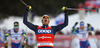 Winner Federico Pellegrino of Italy celebrates his victory crossing the finish line in the finals of the men sprint race of Viessmann FIS Cross country skiing World cup in Planica, Slovenia. Men sprint race of Viessmann FIS Cross country skiing World cup was held on Saturday, 16th of January 2016 in Planica, Slovenia.
