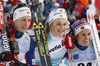 Winner Stina Nilsson of Sweden (M), second placed Astrid Uhrenholdt Jacobsen of Norway (L) and third placed Heidi Weng of Norway (R) celebrate their success in the women sprint race of Viessmann FIS Cross country skiing World cup in Planica, Slovenia. Women sprint race of Viessmann FIS Cross country skiing World cup was held on Saturday, 16th of January 2016 in Planica, Slovenia.
