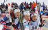 Winner Stina Nilsson of Sweden (M), second placed Astrid Uhrenholdt Jacobsen of Norway (L) and third placed Heidi Weng of Norway (R) celebrate their success in the women sprint race of Viessmann FIS Cross country skiing World cup in Planica, Slovenia. Women sprint race of Viessmann FIS Cross country skiing World cup was held on Saturday, 16th of January 2016 in Planica, Slovenia.
