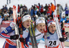 Winner Stina Nilsson of Sweden (M), second placed Astrid Uhrenholdt Jacobsen of Norway (L) and third placed Heidi Weng of Norway (R) celebrate their success in the women sprint race of Viessmann FIS Cross country skiing World cup in Planica, Slovenia. Women sprint race of Viessmann FIS Cross country skiing World cup was held on Saturday, 16th of January 2016 in Planica, Slovenia.
