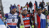 Winner Federico Pellegrino of Italy (M), second placed Baptiste Gros of France (L) and third placed Richard Jouve of France (R) celebrate their success in finish area of the finals of the men sprint race of Viessmann FIS Cross country skiing World cup in Planica, Slovenia. Men sprint race of Viessmann FIS Cross country skiing World cup was held on Saturday, 16th of January 2016 in Planica, Slovenia.

