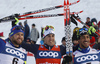 Winner Federico Pellegrino of Italy (M), second placed Baptiste Gros of France (L) and third placed Richard Jouve of France (R) celebrate their success in finish area of the finals of the men sprint race of Viessmann FIS Cross country skiing World cup in Planica, Slovenia. Men sprint race of Viessmann FIS Cross country skiing World cup was held on Saturday, 16th of January 2016 in Planica, Slovenia.
