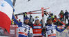 Winner Federico Pellegrino of Italy (M), second placed Baptiste Gros of France (L) and third placed Richard Jouve of France (R) celebrate their success in finish area of the finals of the men sprint race of Viessmann FIS Cross country skiing World cup in Planica, Slovenia. Men sprint race of Viessmann FIS Cross country skiing World cup was held on Saturday, 16th of January 2016 in Planica, Slovenia.
