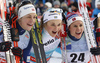 Winner Stina Nilsson of Sweden (M), second placed Astrid Uhrenholdt Jacobsen of Norway (L) and third placed Heidi Weng of Norway (R) celebrate their success in the women sprint race of Viessmann FIS Cross country skiing World cup in Planica, Slovenia. Women sprint race of Viessmann FIS Cross country skiing World cup was held on Saturday, 16th of January 2016 in Planica, Slovenia.
