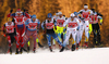 Ola Vigen Hattestad of Norway (L), Alexander Panzhinskiy of Russia, Juho Mikkonen of Finland and Calle Halfvarsson of Sweden skiing during semi-finals of the men team sprint race of Viessmann FIS Cross country skiing World cup in Planica, Slovenia. Men team sprint race of Viessmann FIS Cross country skiing World cup was held on Sunday, 17th of January 2016 in Planica, Slovenia.
