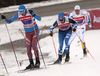 Anton Gafarov of Russia (L) and Martti Jylhae of Finland skiing during semi-finals of the men team sprint race of Viessmann FIS Cross country skiing World cup in Planica, Slovenia. Men team sprint race of Viessmann FIS Cross country skiing World cup was held on Sunday, 17th of January 2016 in Planica, Slovenia.
