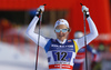 Stina Nilsson of Sweden celebrates victory crossing the finish line in the finals of the women team sprint race of Viessmann FIS Cross country skiing World cup in Planica, Slovenia. Women team sprint race of Viessmann FIS Cross country skiing World cup was held on Sunday, 17th of January 2016 in Planica, Slovenia.
