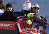 Federico Pellegrino of Italy (R) and Dietmar Noeckler of Italy (L) celebrate their victory in finish area of the finals of the men team sprint race of Viessmann FIS Cross country skiing World cup in Planica, Slovenia. Men team sprint race of Viessmann FIS Cross country skiing World cup was held on Sunday, 17th of January 2016 in Planica, Slovenia.

