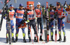 Winning team of Italy with Dietmar Noeckler and Federico Pellegrino (M), second placed team of France I Renaud Jay and Baptiste Gros (L) and third placed team of France II with Valentin Chauvin and Richard Jouve (R) celebrate their medals won in the finals of the men team sprint race of Viessmann FIS Cross country skiing World cup in Planica, Slovenia. Men team sprint race of Viessmann FIS Cross country skiing World cup was held on Sunday, 17th of January 2016 in Planica, Slovenia.
