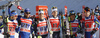 Winning team of Italy with Dietmar Noeckler and Federico Pellegrino (M), second placed team of France I Renaud Jay and Baptiste Gros (L) and third placed team of France II with Valentin Chauvin and Richard Jouve (R) celebrate their medals won in the finals of the men team sprint race of Viessmann FIS Cross country skiing World cup in Planica, Slovenia. Men team sprint race of Viessmann FIS Cross country skiing World cup was held on Sunday, 17th of January 2016 in Planica, Slovenia.
