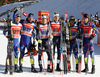 Winning team of Italy with Dietmar Noeckler and Federico Pellegrino (M), second placed team of France I Renaud Jay and Baptiste Gros (L) and third placed team of France II with Valentin Chauvin and Richard Jouve (R) celebrate their medals won in the finals of the men team sprint race of Viessmann FIS Cross country skiing World cup in Planica, Slovenia. Men team sprint race of Viessmann FIS Cross country skiing World cup was held on Sunday, 17th of January 2016 in Planica, Slovenia.
