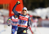 Federico Pellegrino of Italy celebrates victory crossing the finish line in the finals of the men team sprint race of Viessmann FIS Cross country skiing World cup in Planica, Slovenia. Men team sprint race of Viessmann FIS Cross country skiing World cup was held on Sunday, 17th of January 2016 in Planica, Slovenia.
