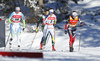 Heidi Weng of Norway (R),  Anna Dyvik of Sweden (3),  Katja Visnar of Slovenia (14) skiing in finals of women classic sprint race of Viessmann FIS Cross country skiing World cup in Planica, Slovenia. Women sprint classic race of Viessmann FIS Cross country skiing World cup was held on Saturday, 20th of January 2018 in Planica, Slovenia.
