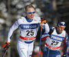 Iivo Niskanen of Finland and Andrew Newell of USA skiing in finals of men classic sprint race of Viessmann FIS Cross country skiing World cup in Planica, Slovenia. Women sprint classic race of Viessmann FIS Cross country skiing World cup was held on Saturday, 20th of January 2018 in Planica, Slovenia.
