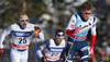 Johannes Hoesflot Klaebo of Norway (R), Andrew Newell of USA (M) and Iivo Niskanen of Finland (L)  skiing in finals of women classic sprint race of Viessmann FIS Cross country skiing World cup in Planica, Slovenia. Women sprint classic race of Viessmann FIS Cross country skiing World cup was held on Saturday, 20th of January 2018 in Planica, Slovenia.
