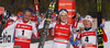 Second placed Kathrine Rolsted Harsem of Norway (L), Winner Stina Nilsson of Sweden (M) and third placed Maiken Caspersen Falla of Norway (R) celebrating in finish of the women classic sprint race of Viessmann FIS Cross country skiing World cup in Planica, Slovenia. Women sprint classic race of Viessmann FIS Cross country skiing World cup was held on Saturday, 20th of January 2018 in Planica, Slovenia.
