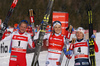 Second placed Kathrine Rolsted Harsem of Norway (L), Winner Stina Nilsson of Sweden (M) and third placed Maiken Caspersen Falla of Norway (R) celebrating in finish of the women classic sprint race of Viessmann FIS Cross country skiing World cup in Planica, Slovenia. Women sprint classic race of Viessmann FIS Cross country skiing World cup was held on Saturday, 20th of January 2018 in Planica, Slovenia.
