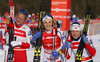 Second placed Kathrine Rolsted Harsem of Norway (L), Winner Stina Nilsson of Sweden (M) and third placed Maiken Caspersen Falla of Norway (R) celebrating in finish of the women classic sprint race of Viessmann FIS Cross country skiing World cup in Planica, Slovenia. Women sprint classic race of Viessmann FIS Cross country skiing World cup was held on Saturday, 20th of January 2018 in Planica, Slovenia.

