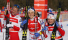 Second placed Kathrine Rolsted Harsem of Norway (L), Winner Stina Nilsson of Sweden (M) and third placed Maiken Caspersen Falla of Norway (R) celebrating in finish of the women classic sprint race of Viessmann FIS Cross country skiing World cup in Planica, Slovenia. Women sprint classic race of Viessmann FIS Cross country skiing World cup was held on Saturday, 20th of January 2018 in Planica, Slovenia.
