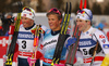 Second placed Emil Iversen of Norway (L), winner  Johannes Hoesflot Klaebo of Norway (M) and third placed Teodor Peterson of Sweden (R) celebrating in finish of men classic sprint race of Viessmann FIS Cross country skiing World cup in Planica, Slovenia. Women sprint classic race of Viessmann FIS Cross country skiing World cup was held on Saturday, 20th of January 2018 in Planica, Slovenia.
