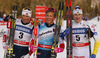 Second placed Emil Iversen of Norway (L), winner  Johannes Hoesflot Klaebo of Norway (M) and third placed Teodor Peterson of Sweden (R) celebrating in finish of men classic sprint race of Viessmann FIS Cross country skiing World cup in Planica, Slovenia. Women sprint classic race of Viessmann FIS Cross country skiing World cup was held on Saturday, 20th of January 2018 in Planica, Slovenia.
