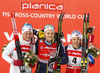 Second placed Kathrine Rolsted Harsem of Norway (L), Winner Stina Nilsson of Sweden (M) and third placed Maiken Caspersen Falla of Norway (R)  celebrate their medals won in the women classic sprint race of Viessmann FIS Cross country skiing World cup in Planica, Slovenia. Women sprint classic race of Viessmann FIS Cross country skiing World cup was held on Saturday, 20th of January 2018 in Planica, Slovenia.
