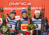 Second placed Emil Iversen of Norway (L), winner  Johannes Hoesflot Klaebo of Norway (M) and third placed Teodor Peterson of Sweden (R)  celebrate their medals won in the men classic sprint race of Viessmann FIS Cross country skiing World cup in Planica, Slovenia. Women sprint classic race of Viessmann FIS Cross country skiing World cup was held on Saturday, 20th of January 2018 in Planica, Slovenia.
