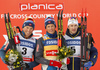 Second placed Emil Iversen of Norway (L), winner  Johannes Hoesflot Klaebo of Norway (M) and third placed Teodor Peterson of Sweden (R)  celebrate their medals won in the men classic sprint race of Viessmann FIS Cross country skiing World cup in Planica, Slovenia. Women sprint classic race of Viessmann FIS Cross country skiing World cup was held on Saturday, 20th of January 2018 in Planica, Slovenia.
