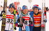 Third placed Charlotte Kalla of Sweden (L), winner Krista Parmakoski of Finland (M)  celebrate in finish after  women 10km classic race of Viessmann FIS Cross country skiing World cup in Planica, Slovenia. Women 10km classic race of Viessmann FIS Cross country skiing World cup was held on Sunday, 21st of January 2018 in Planica, Slovenia.
