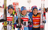 Third placed Charlotte Kalla of Sweden (L), winner Krista Parmakoski of Finland (M)  celebrate in finish after  women 10km classic race of Viessmann FIS Cross country skiing World cup in Planica, Slovenia. Women 10km classic race of Viessmann FIS Cross country skiing World cup was held on Sunday, 21st of January 2018 in Planica, Slovenia.
