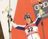 Second placed Charlotte Kalla of Sweden celebrates on podium after  women 10km classic race of Viessmann FIS Cross country skiing World cup in Planica, Slovenia. Women 10km classic race of Viessmann FIS Cross country skiing World cup was held on Sunday, 21st of January 2018 in Planica, Slovenia.

