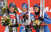 Third placed Charlotte Kalla of Sweden (L), winner Krista Parmakoski of Finland (M) and Heidi Weng of Norway (R) celebrate their success on podium after  women 10km classic race of Viessmann FIS Cross country skiing World cup in Planica, Slovenia. Women 10km classic race of Viessmann FIS Cross country skiing World cup was held on Sunday, 21st of January 2018 in Planica, Slovenia.
