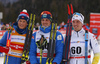 Second placed Johannes Hoesflot Klaebo of Norway (L), winner Alexey Poltoranin of Kazakhstan (M) and third placed Calle Halfvarsson of Sweden (R) celebrate their success after 15km classic race of Viessmann FIS Cross country skiing World cup in Planica, Slovenia. Men 15km classic race of Viessmann FIS Cross country skiing World cup was held on Sunday, 21st of January 2018 in Planica, Slovenia.
