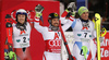 Winner Marcel Hirscher of Austria (M), second placed Henrik Kristoffersen of Norway (L) and third placed Daniel Yule of Switzerland (R)  celebrate after the men The Nightrace, night slalom race of the Audi FIS Alpine skiing World cup in Schladming, Austria. Men slalom race of the Audi FIS Alpine skiing World cup was held in Schladming, Austria, on Tuesday, 23rd of January 2018.
