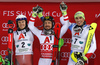 Winner Marcel Hirscher of Austria(M), second placed Henrik Kristoffersen of Norway (L) and third placed Daniel Yule of Switzerland (R)  celebrate on podium after the men The Nightrace, night slalom race of the Audi FIS Alpine skiing World cup in Schladming, Austria. Men slalom race of the Audi FIS Alpine skiing World cup was held in Schladming, Austria, on Tuesday, 23rd of January 2018.
