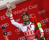 Winner Marcel Hirscher of Austria celebrates on podium after the men The Nightrace, night slalom race of the Audi FIS Alpine skiing World cup in Schladming, Austria. Men slalom race of the Audi FIS Alpine skiing World cup was held in Schladming, Austria, on Tuesday, 23rd of January 2018.
