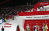 Winner Marcel Hirscher of Austria(M), second placed Henrik Kristoffersen of Norway (L) and third placed Daniel Yule of Switzerland (R)  celebrate on podium after the men The Nightrace, night slalom race of the Audi FIS Alpine skiing World cup in Schladming, Austria. Men slalom race of the Audi FIS Alpine skiing World cup was held in Schladming, Austria, on Tuesday, 23rd of January 2018.
