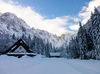 Cross country skiing tracks are done after extensive snow covered Ratece and Tamar valley, Slovenia, in last several days. More then 1m thick snow layer enables cross country skiers to enjoy their sport in unspoiled nature between beautiful Julian Alps mountains.